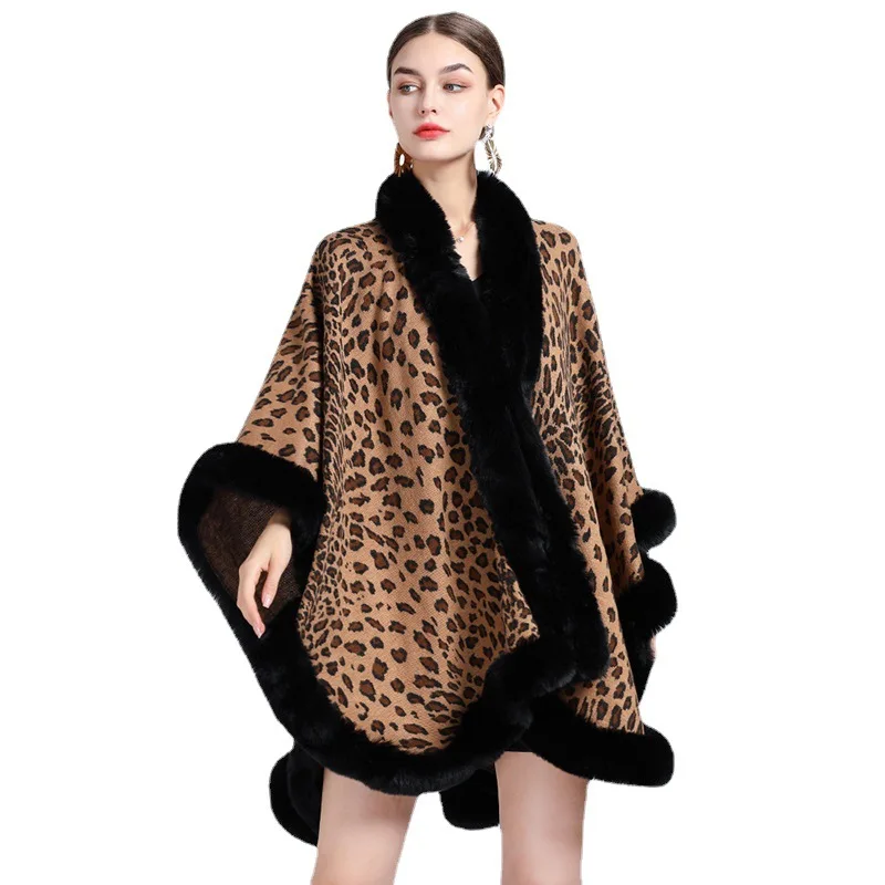 

Autumn Winter New Imitation Rex Rabbit Fur Collar Leopard Jacquard Shawl Cloak Loose Knitted Women Cardigan Jacket Coat