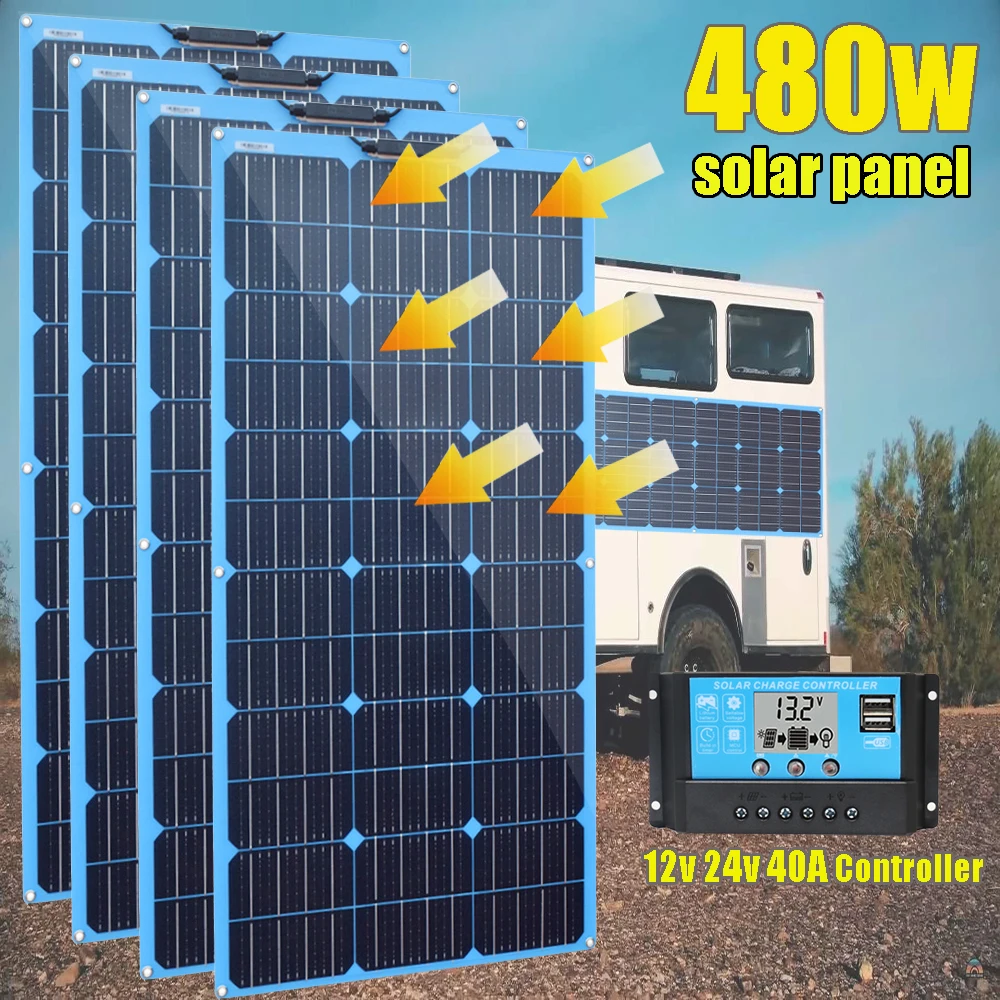 

Solar Panel Kit Complete 480w 360w 240w 120w Battery Charger 12V 24V Solar Controller Photovoltaic System for Home Car RV Camper