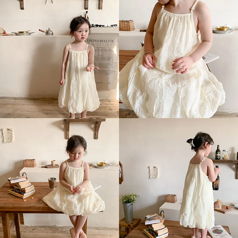 

2023 Summer Girls Dress Beige Color Korea Style Princess Dress For Girls Flower Girl Dresses Evening Dresses Slip Dress