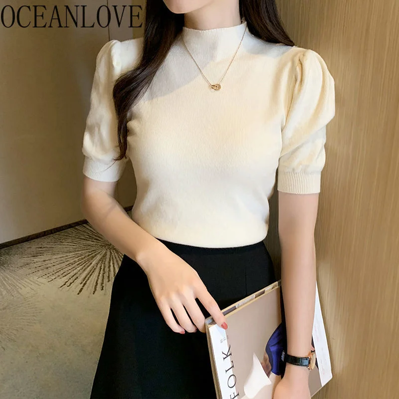 

OCEANLOVE Autumn Sweaters Women Clothes Solid Puff Sleeve 2021 Elegant Pullovers Fashion Short Sleeve Sueter Ladies 18668