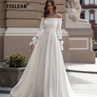yeeh elegant boat neck wedding gown party 2022 simple a line bride bridal dresses satin three quarter sleeves vestidos de novia