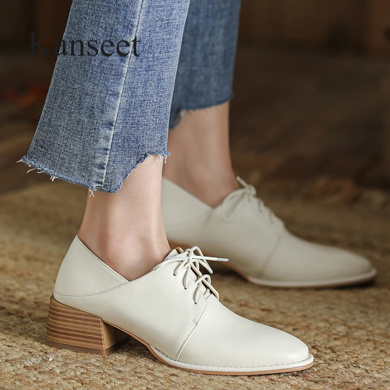 

Kanseet Women Shoes Newest Spring Autumn Round Toe Genuine Leather Handmade Casual 4.5cm Mid Heels Lady Footwear Beige 40