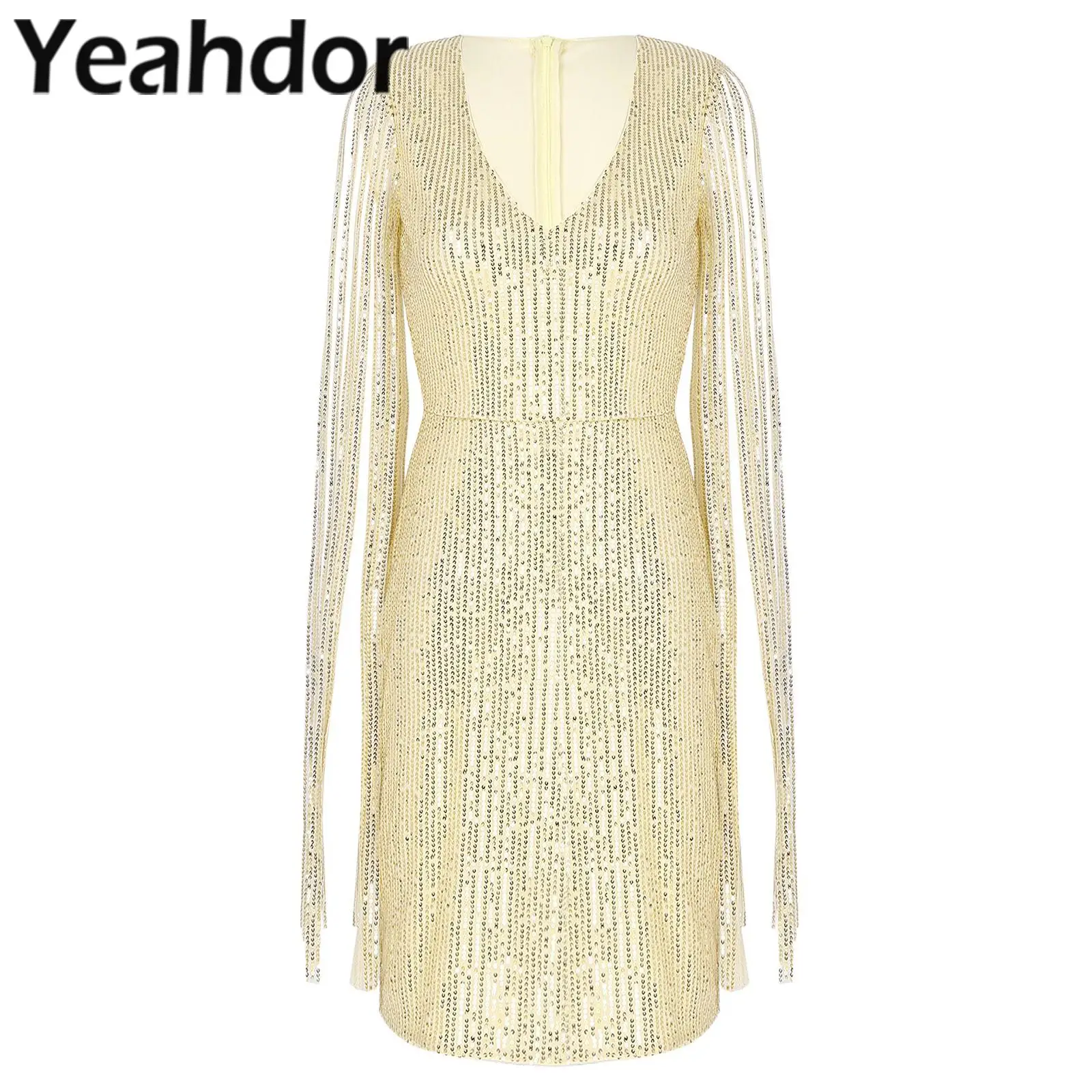 

Womens Sexy Glittering Sequin Mini Dress Deep V Neck Long Tassel Sleeve Party Dress for Evening Cocktail Sexy Dress
