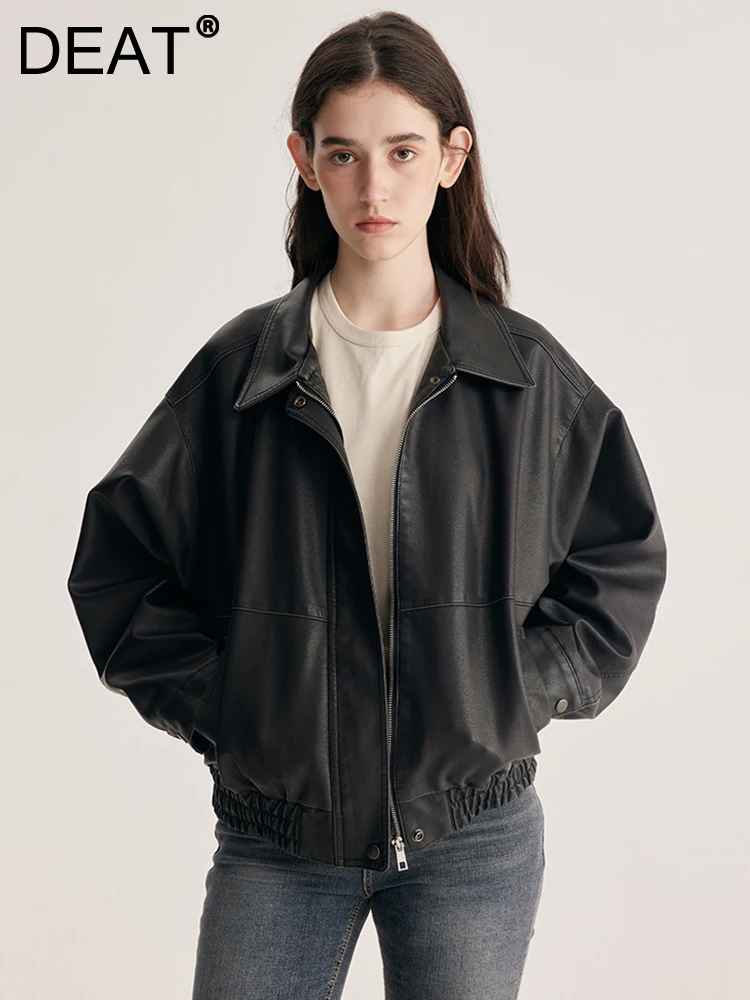 

Женская замшевая куртка на молнии DEAT, Короткая свободная эластичная куртка из искусственной кожи с отложным воротником и длинными рукавами, на осень, 7AB671, 2023