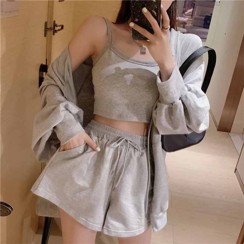 Loungewear Women 3 Pieces Summer Sleepwear Fashion Vest Lingerie Long Sleeve Zipper Hooded Lace-up Shorts Women's Pijamad