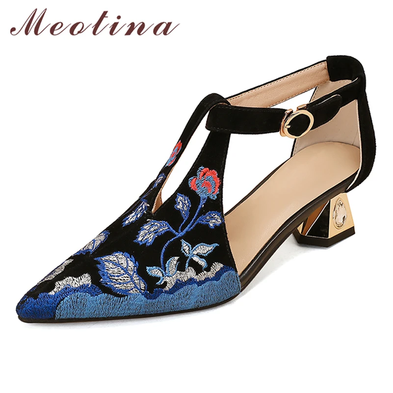 

Женские туфли-лодочки с острым носком Meotina, туфли из натуральной кожи на толстом среднем каблуке, с Т-образной пряжкой и вышивкой, разные цве...