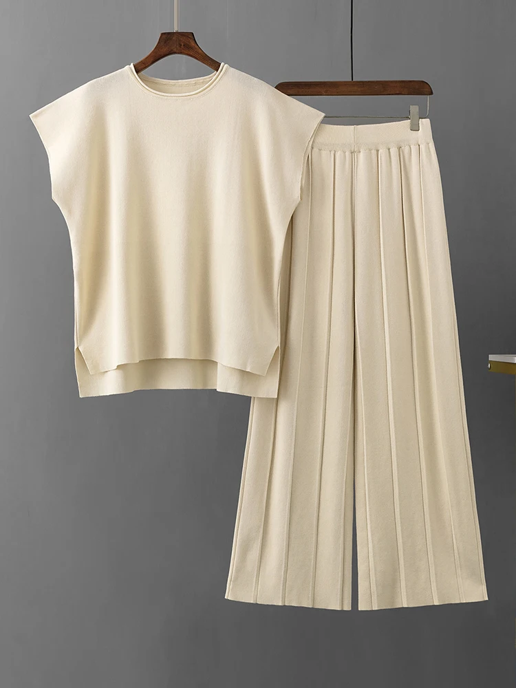 

F GIRLS Casual Wide Leg Pants Suit Female 2023 Summer Loose O Neck Sleeveless Sweater Top+Knitted Trousers 2 Piece Sets Women Ou