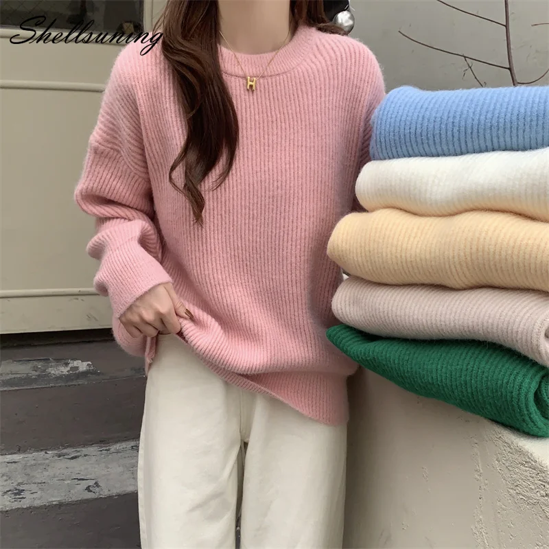 

Shellsuning Winter Solid O-neck Knitted Sweater Women Korean Chic Loose Lazy Oaf Soft Warm Knitwear Female Long Sleeve Jumpers