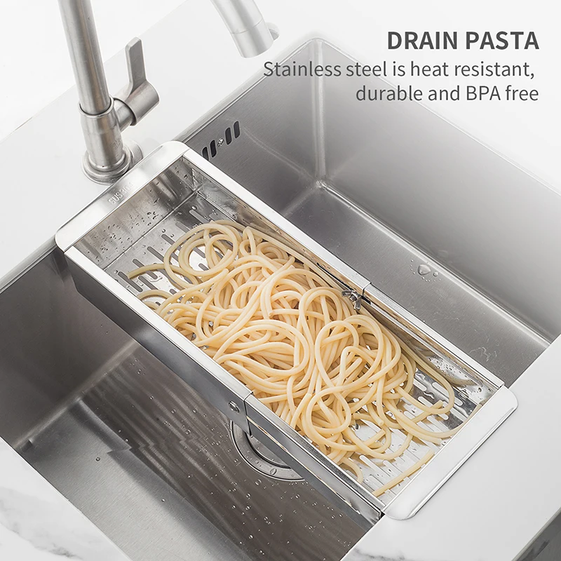 

Over The Sink Colander Stainless Steel Expandable Colander Strainer Baskets Food Fruits Vegetables Noodle Pasta Drain Basket