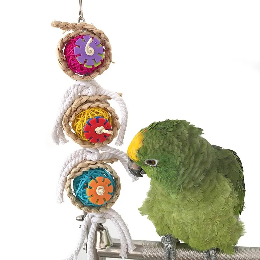 

Parrot Hanging Rattan Ball Toy Cotton Rope Climb Chew Toys With Bell Cage Accessories Pet Bird Toys Gifts