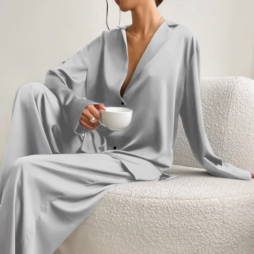 European Silky Satin Women's Sleepwear 2 Piece Set Pajamas Set Sexy Pyjamas Pijamas for Woman