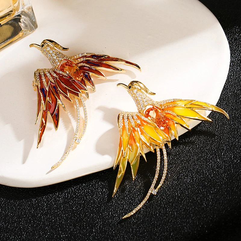 

New Crystal Phoenix Bird Brooches For Women Men 5-color Enamel Flying Beauty Bird Party Office Brooch Pin Gifts