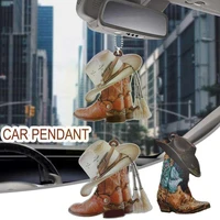 ersonalized boots and hat cowboy flat acrylic car ornament interior car decor ornaments rearview hanging car mirror f6h0
