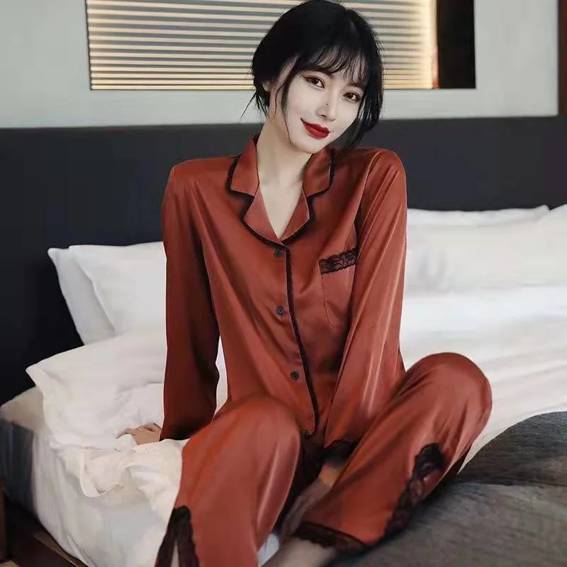 Pajama Sets Women Long Sleeve Sexy High-end Ice Silk Sleepwear Cardigan Lace Patchwork Homewear Korean Fashion Lady Pajamas