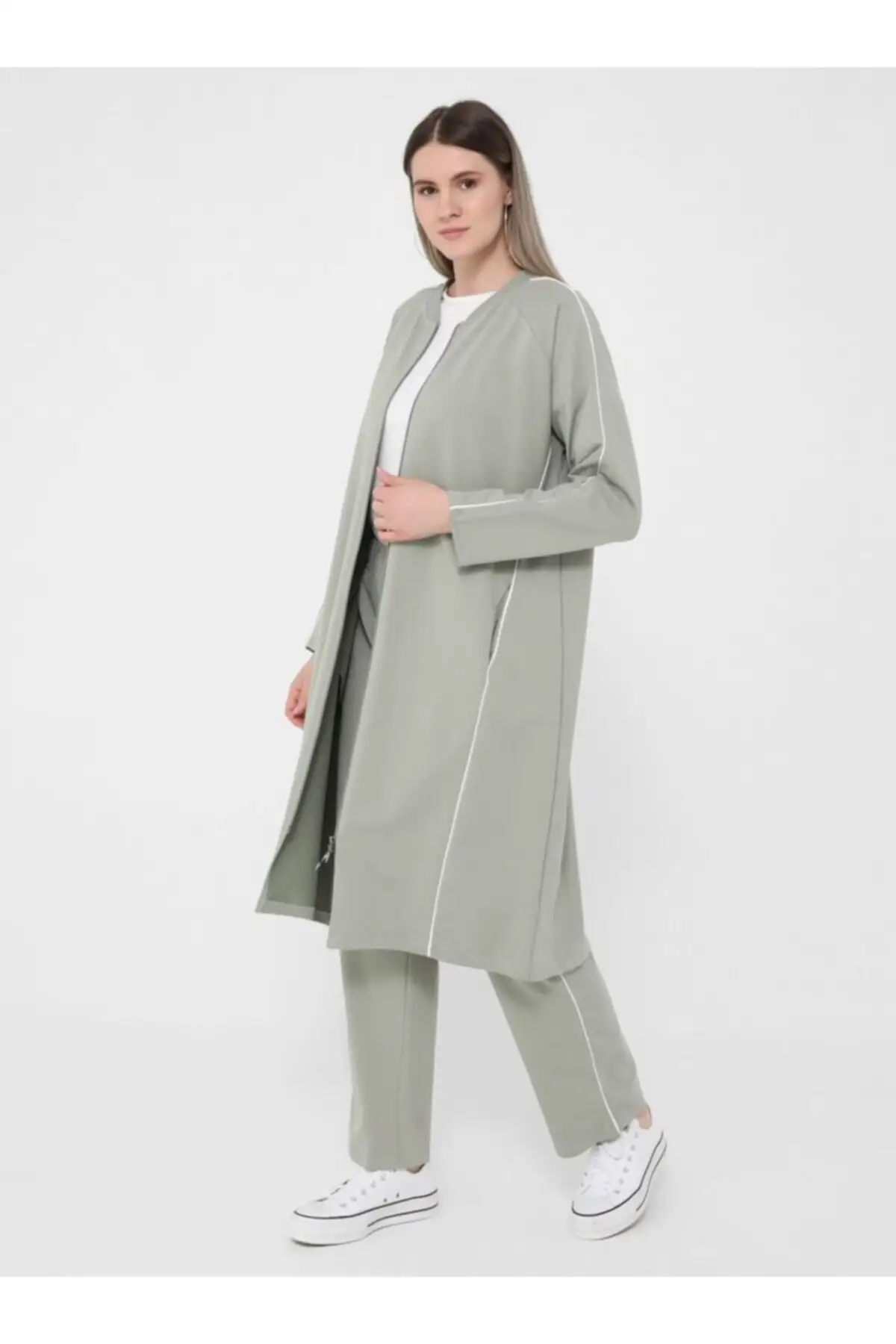 

Женская толстая зеленая юбка, толстовка с молнией и брюки, двойной костюм