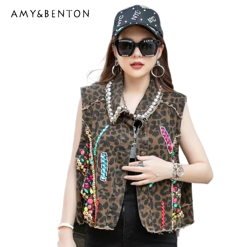 

European Leopard Print Denim Vests Women's Summer Wear Small Sleeveless Vest All-Matching Outer Wear Waistcoat Short Coat Jacket
