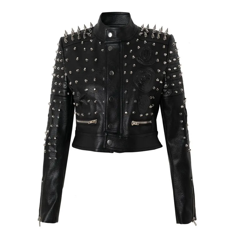European and American style cool girl trend rivet short slim motorcycle leather jacket women