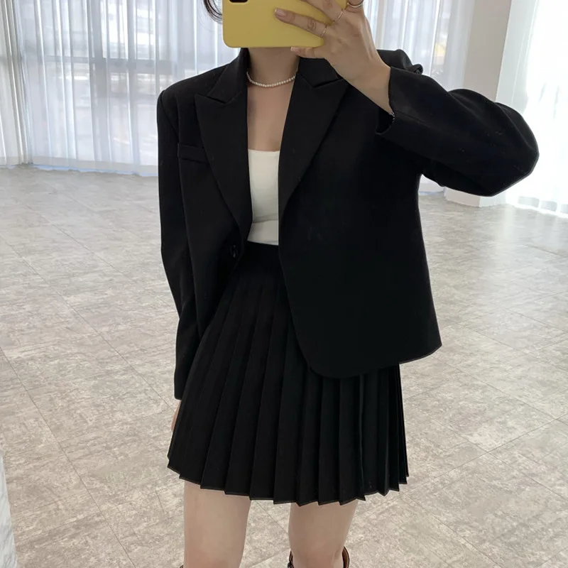 Ladies Temperament High-waist Pleated Skirt Short Skirt Two-piece Suit Solid Color Loose Long-sleeved Suit Jacket Skirt Suit