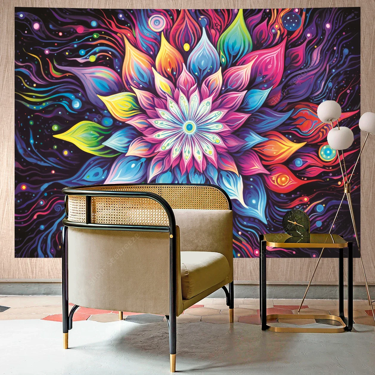 Мандала лотоса УФ-реактивный гобелен яркий розовый фиолетовый духовная