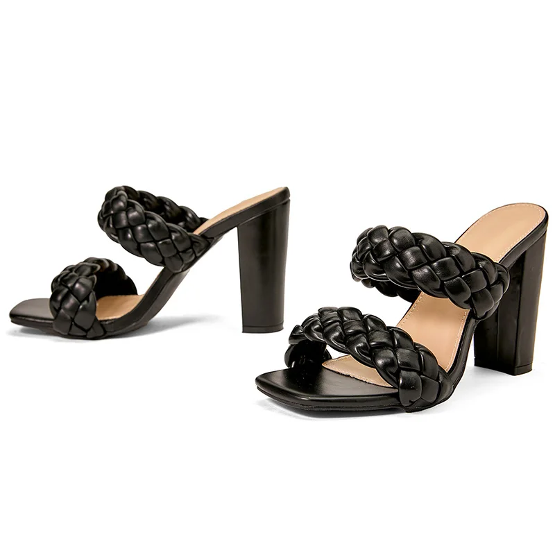 Summer Design Twist Weave Square Toe High Heels Quality Women's Slippers Gladiator Shoes Beach Womens Sandal Slides Slip On Sexy