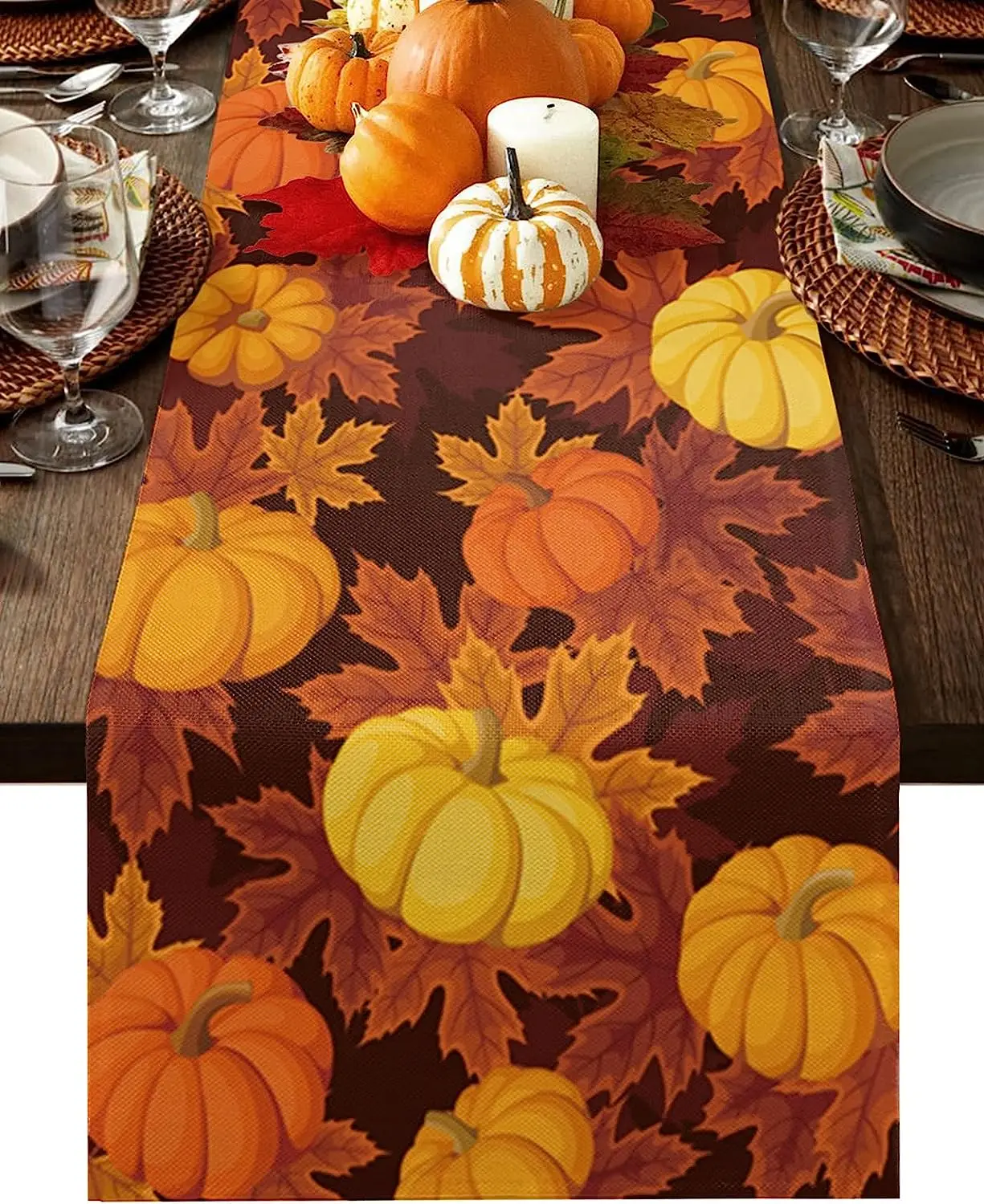 

Fall Thanksgiving Maple Leaf Pumpkin Linen Table Runner Kitchen Table Decor Farmhouse Dining Table Runners Holiday Party Decor