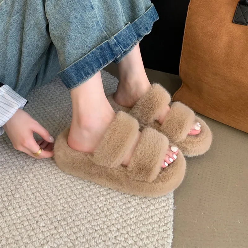 

Go out to wear wool slippers for women, plush fur shoes, winter slippers for girls, thick soles warm fashionable cotton shoes