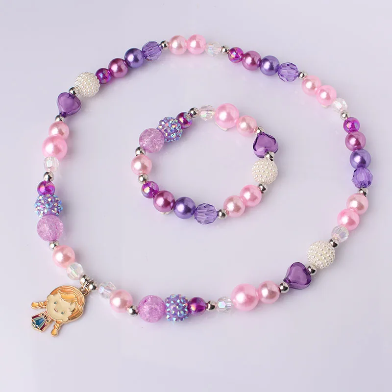 

New product purple resin cartoon pendant children's necklace set girl jewelry gift bracelet for girl Acrylic beading ornaments