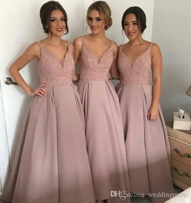 

Sparkling Blush Pink V Neck Sleeveless Long Maid Of Honor gown Heavy Beaded Country party prom gown 2018 Bridesmaid Dresses