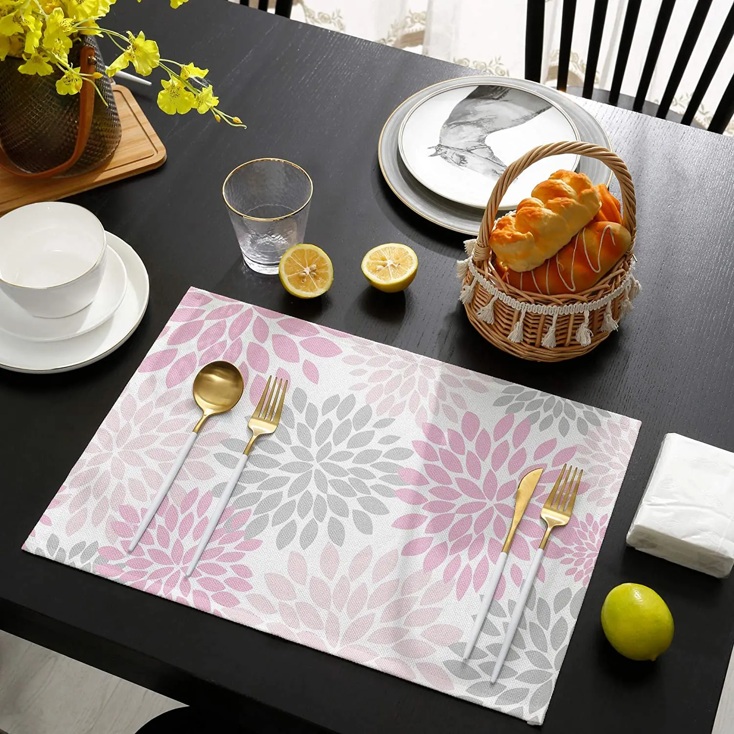 

Three Sunflower Placemats for Dining Pink Gray White Dahlia Pattern Table Mats Washable Outdoor Indoor Placemats for Home