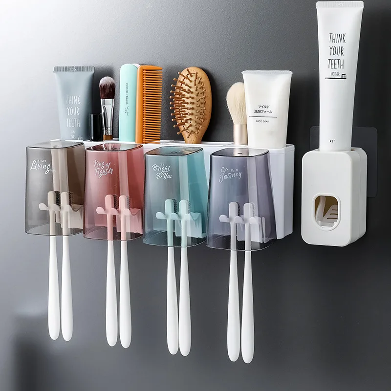 

Toothpaste Squeezer Dispenser Wall Mounted Household Toothbrush Holder Punch Free Toothbrush Storage Drain Rack Mouthwash Cup