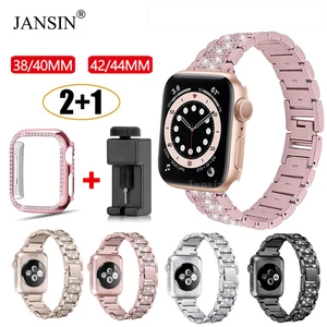 Браслет и чехол для Apple Watch Series 7 6 5 4 SE Band 40 мм 44 мм 41 мм 45 мм, браслет из нержавеющей стали со стразами для Apple Watch 42 мм 38 мм