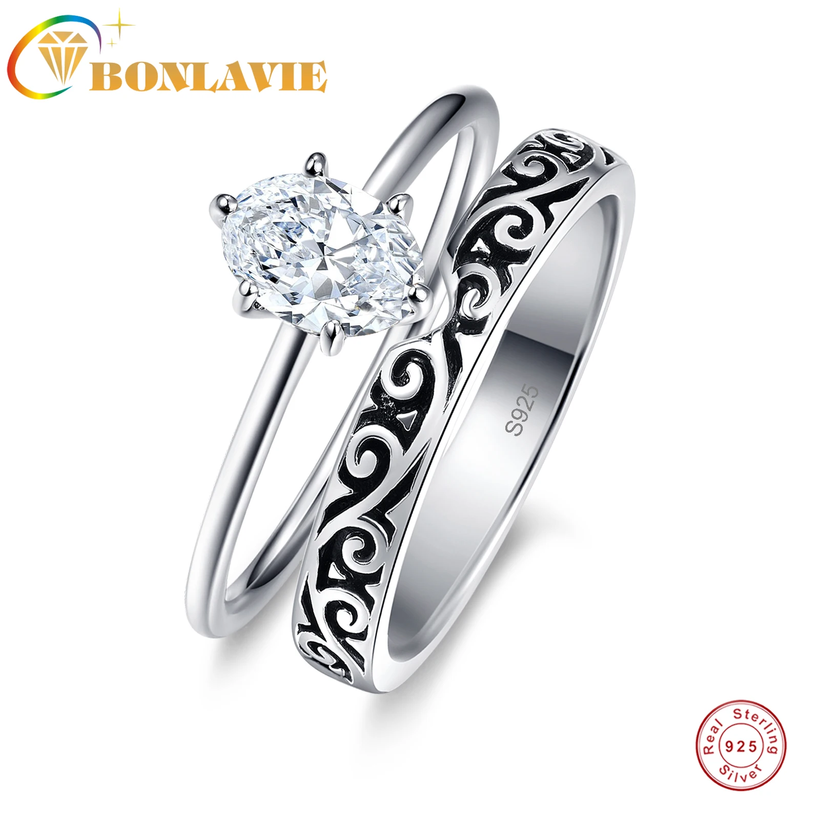 

BONLAVIE Women's 2 Pieces Bridal Rings Vintage Engrave Flower 925 Sterling Silver Ring 1ct Oval Diamond Ring