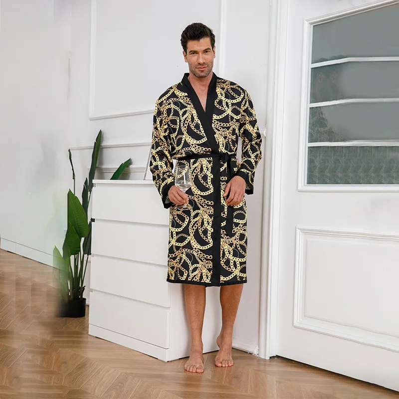 Ice Silk Men Robe Kimono Nightgown Sleepdress Printing Home Clothes Loose Lounge Long Sleeve Cardigan Bathrobe Pyjamas