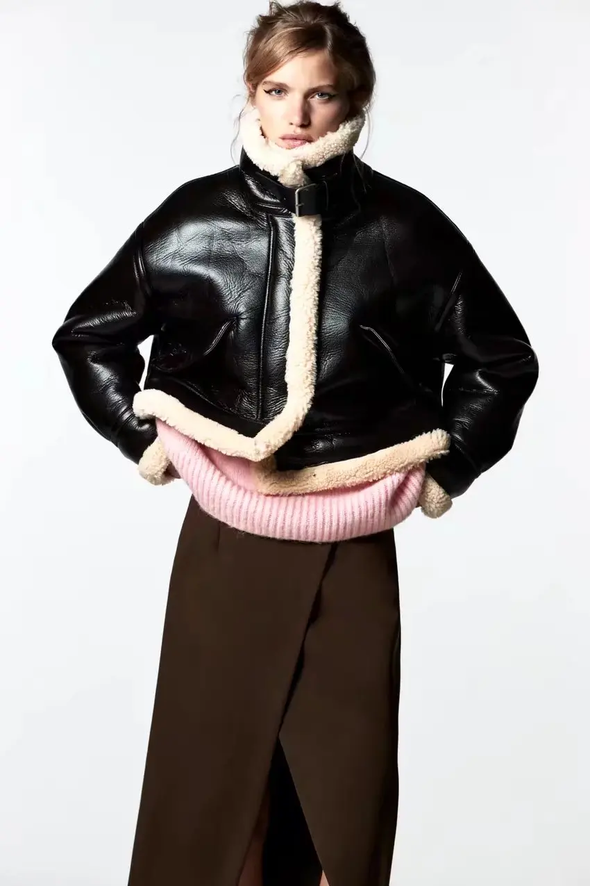 MOLAN Winter Warm Woman Faux Fur Overcoat Loose Long Sleeve Leather Loose Thick Stylish Winter Coat Female Zipper Chic Jacket