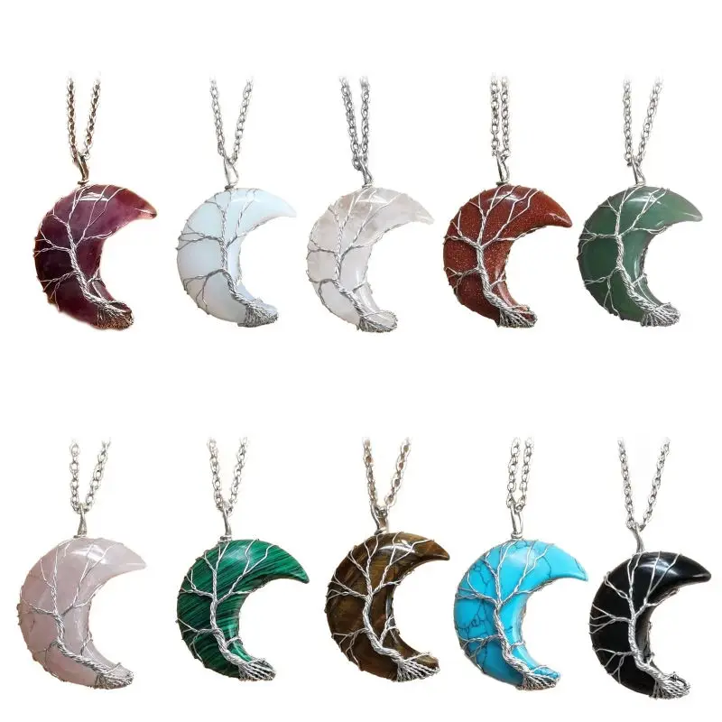 

Tree of Life Wire Wrapped Crescent Moon Pendant Necklace Reiki Healing Crystal Stone Necklaces Natural Gemstone Quartz Pendant