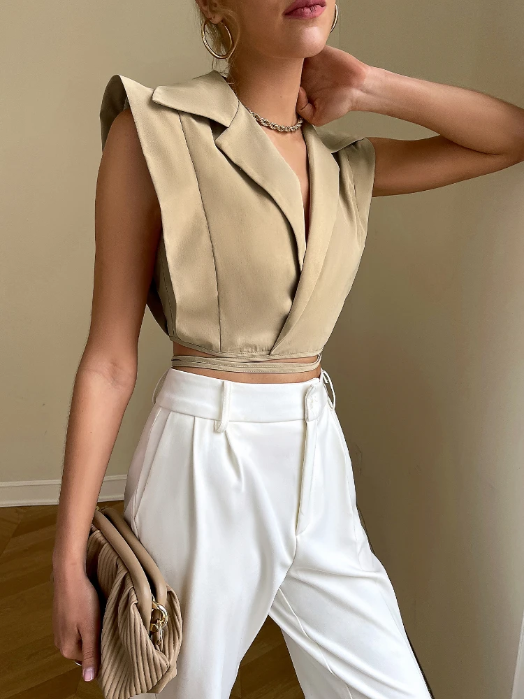 

2022 Summer Fashion Temperament Solid Lapel Suit Collar Sleeveless Short Commuter Shirt Cardigan Office Lady Woman Jacket Coat