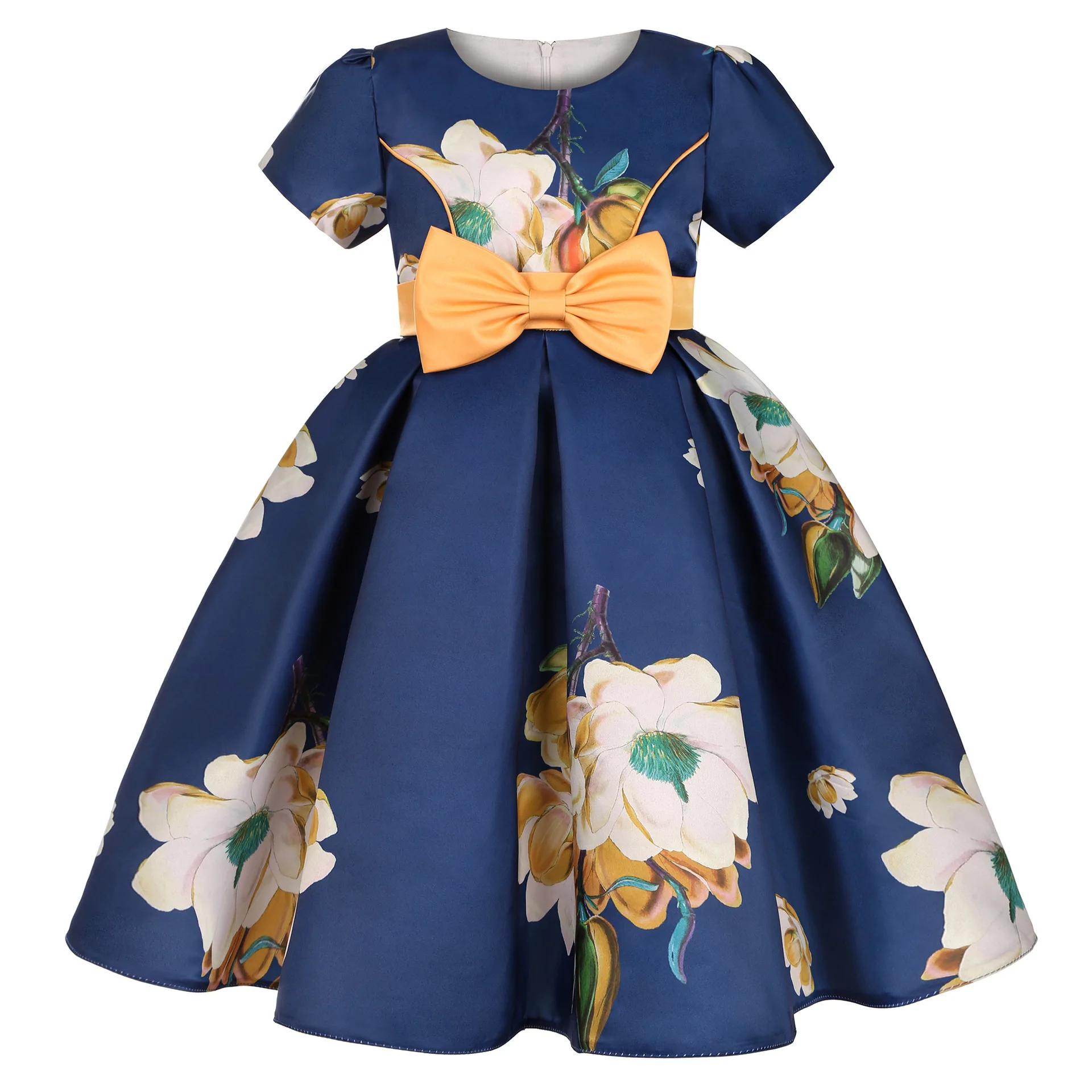 

Childrens Dress Vintage Print Dress Bow Flowers Dress Europe And America Style Dress Kid Dress Girls Ball Gown Performance Dress