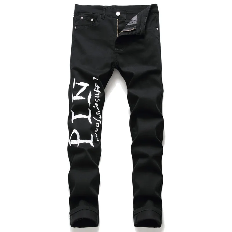 

Fashion 2022 Pure Black Slim Letter Printing Arrowcotton Elastic Hong Kong Wind Ins Men's Casual Denim Trousers