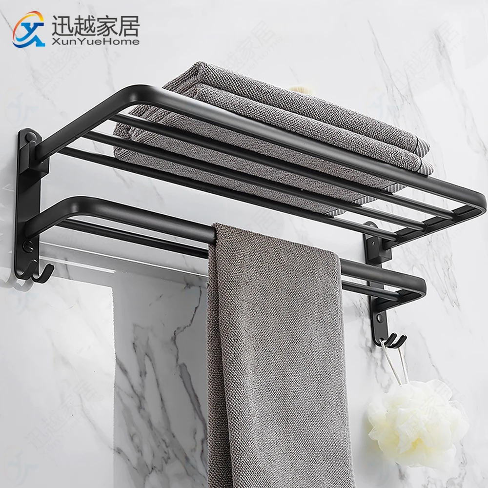 

Punch-free bath towel rack space aluminum black bathroom rack folding towel rack hook bathroom