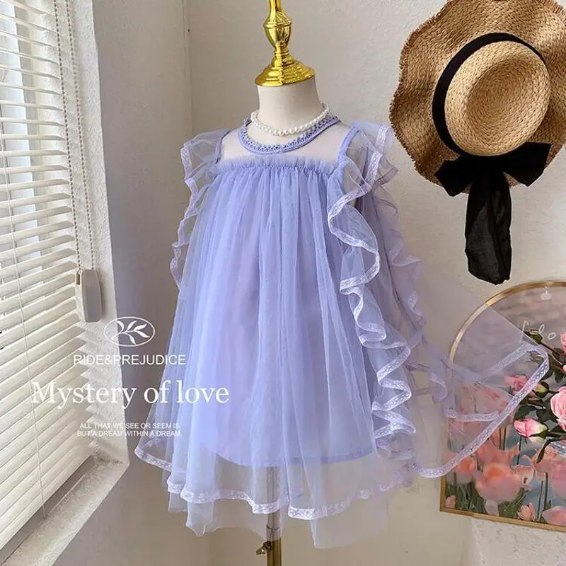 

Blue Mesh Girls kids Dress Loose Ruffles Summer Clothes Casual Dresses