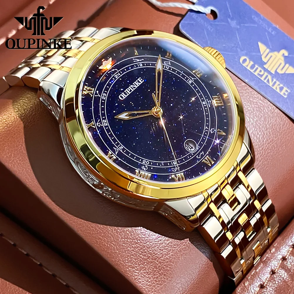 

Роскошные автоматические механические часы OUPINKE для мужчин, Звездные бриллианты, небо, созвездия, циферблат, водонепроницаемые светящиеся мужские наручные часы