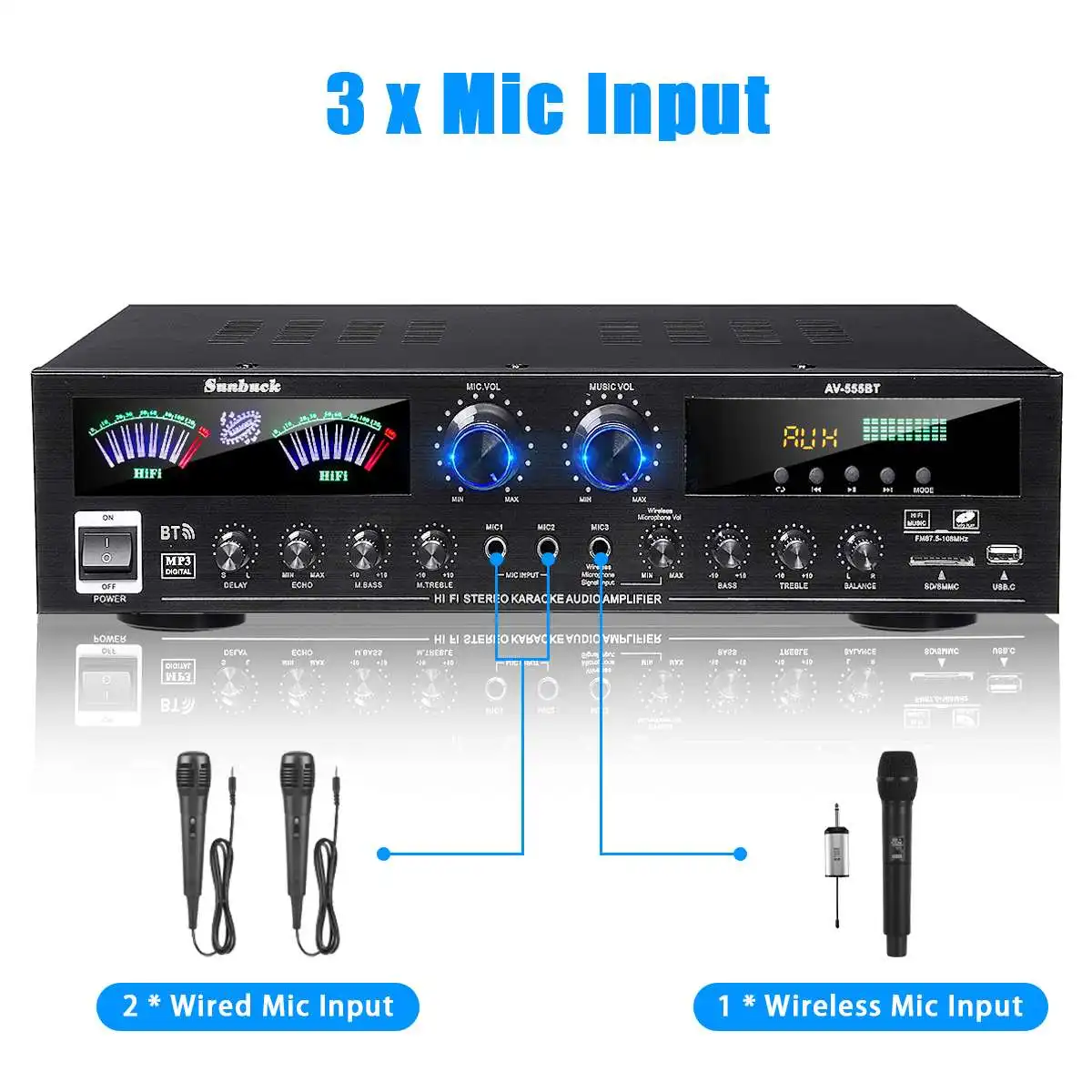 Ceny SUNBUCK AV555BT 4000W 5CH 12V Wzmacniacz Mocy Bluetooth Hifi Wzmacniacz Do Kina Domowego Audio Stereo Amplificador FM USB SD 3Mic