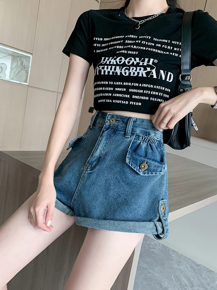 New Summer Women Retro Loose High Waist Blue Denim Shorts Streetwear Female Vintage Wide Leg Jeans Shorts Bottoms
