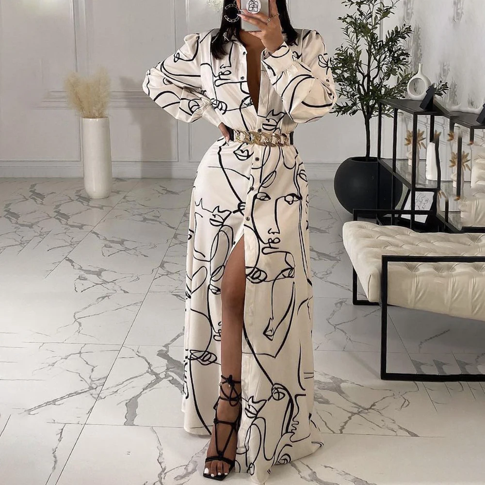 

2022 Spring Autumn Elegant Office Lady Long Dress Women Figure Print Lantern Sleeve Buttoned Shirt Dress Party One Piece Dress