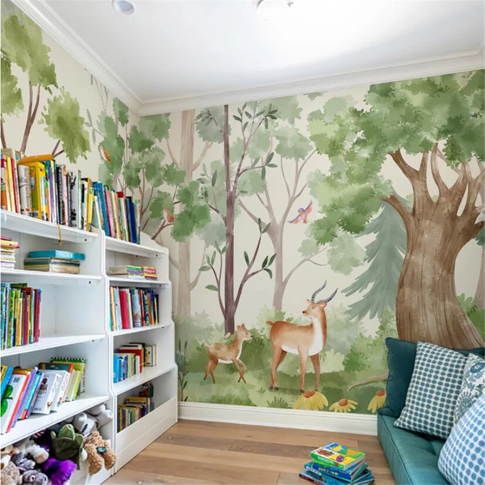 

Custom Cartoon watercolor forest animal wallpaper for children's room background wall paper kindergarten playground home decor