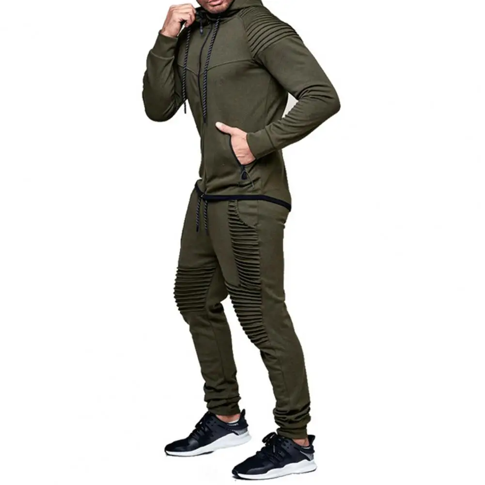 

Zipper 2 Pcs/Set Trendy Pleated Men Coat Trousers Set Solid Color Men Tracksuit Long Sleeve for Daily Wear
