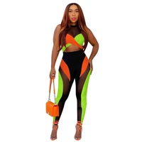 sexy mesh color block two piece sets womens outifits o neck sleeveless crop top and slim hollow bandage pants womens tracksuit