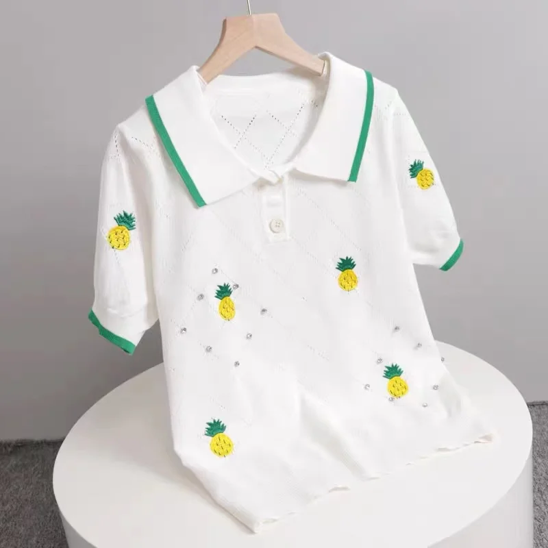 

Summer Korean Loose Striped T-shirt Women Knitted Sweater Pineapple Embroidery Lapel Short-Sleeved diamond Top Women's Clothing