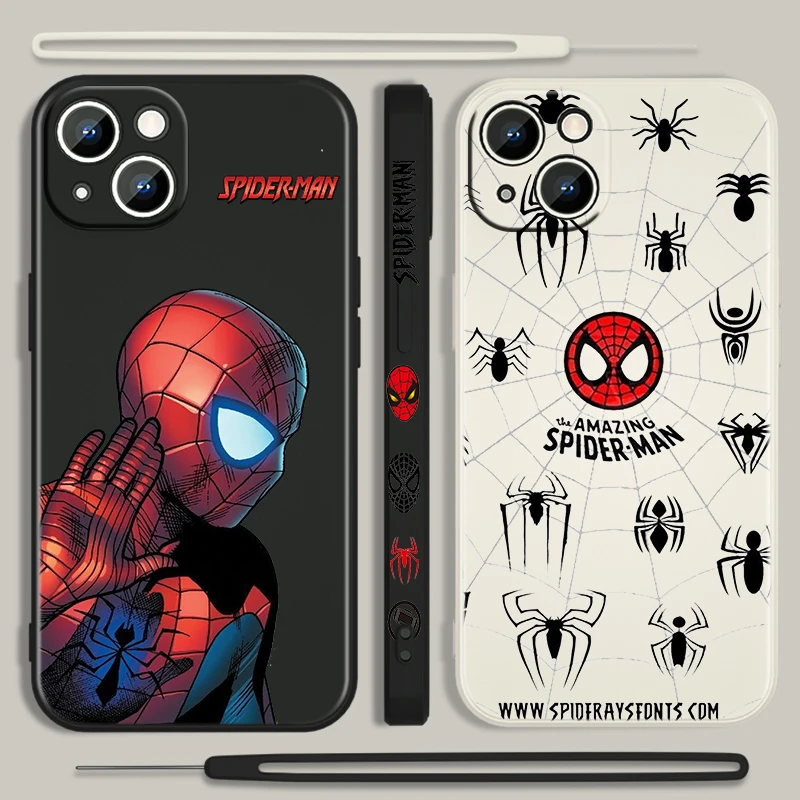 

Marvel Avengers Spiderman Phone Case For Apple iPhone 14 13 12 Mini 11 Pro XS MAX XR X 8 7 6S Plus Liquid Left Rope Cover Fundas