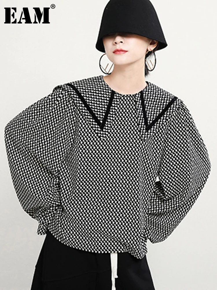 

[EAM] Women Big Size Plaid Black Blouse New Peter Pan Collar Long Sleeve Loose Fit Shirt Fashion Spring Autumn 2022 1DD5186